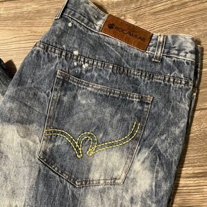 Rocawear Men's Baggy 90s Y2K Wide Leg Skater Blue Jeans, Bleach Splatter, 48x32